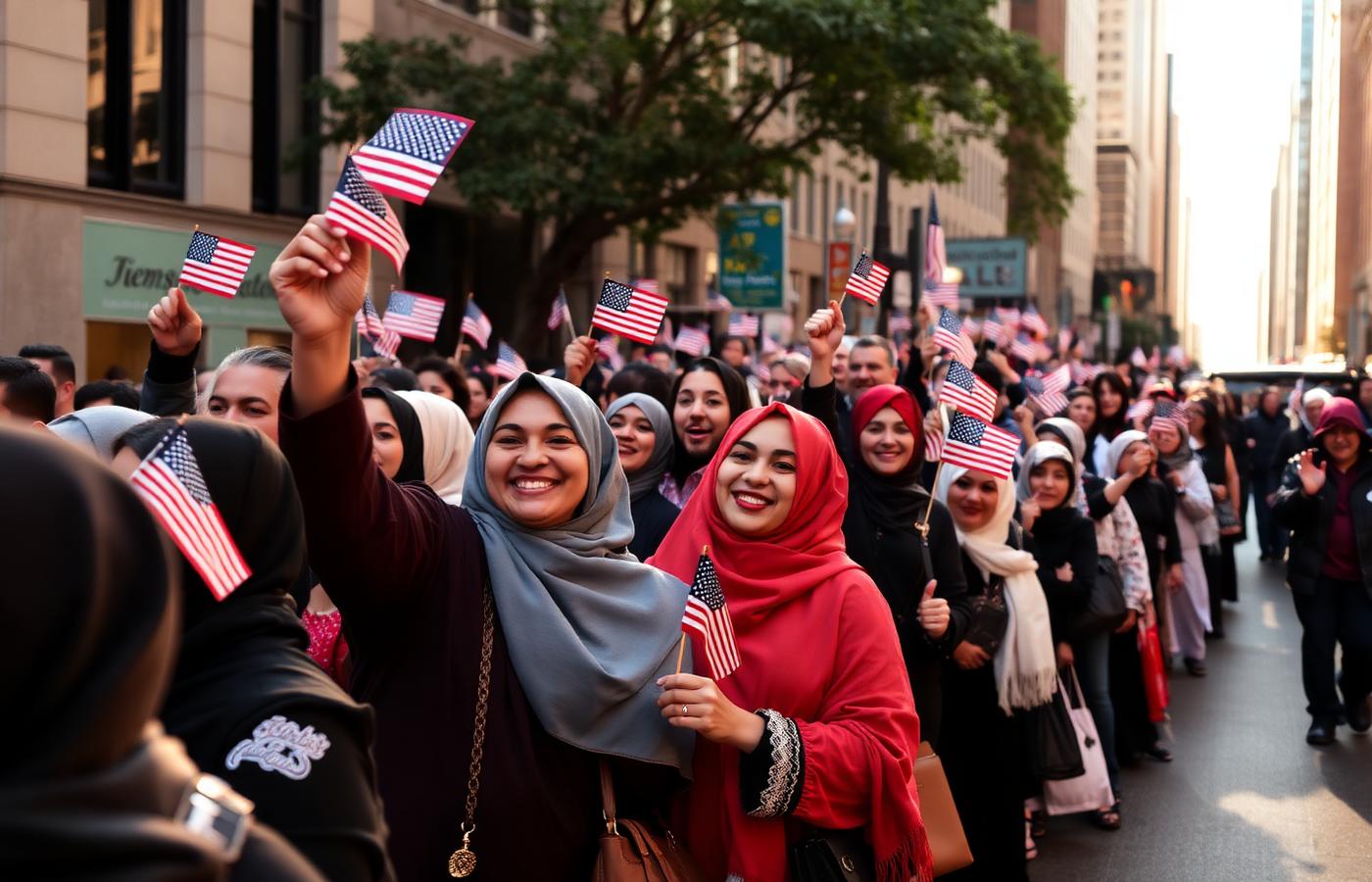 Families waving American flags along the parade route in New York City